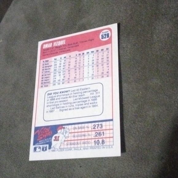 1990 Omar vizquel mint condition fleer rookie baseball card !!!! Seattle Mariner - Picture 2 of 2